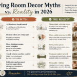 Illustration weighing common living room decor myths against the reality for 2026 - thelostpie