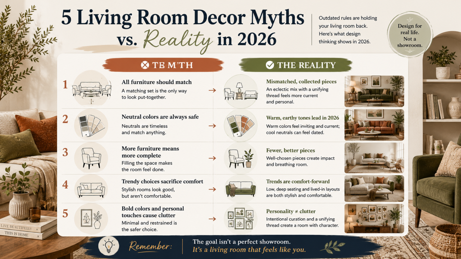 Illustration weighing common living room decor myths against the reality for 2026 - thelostpie