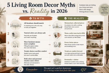 Illustration weighing common living room decor myths against the reality for 2026 - thelostpie
