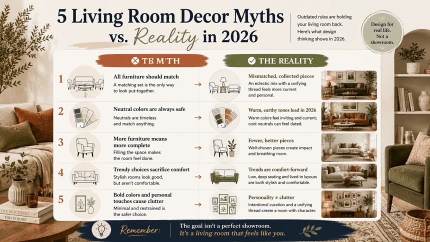 Illustration weighing common living room decor myths against the reality for 2026 - thelostpie
