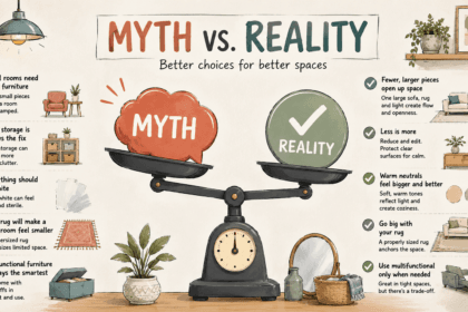Illustration weighing common small-space decor myths against the reality for 2026 - thelostpie
