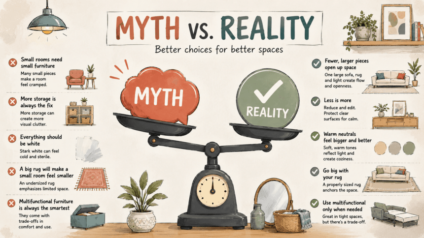 Illustration weighing common small-space decor myths against the reality for 2026 - thelostpie
