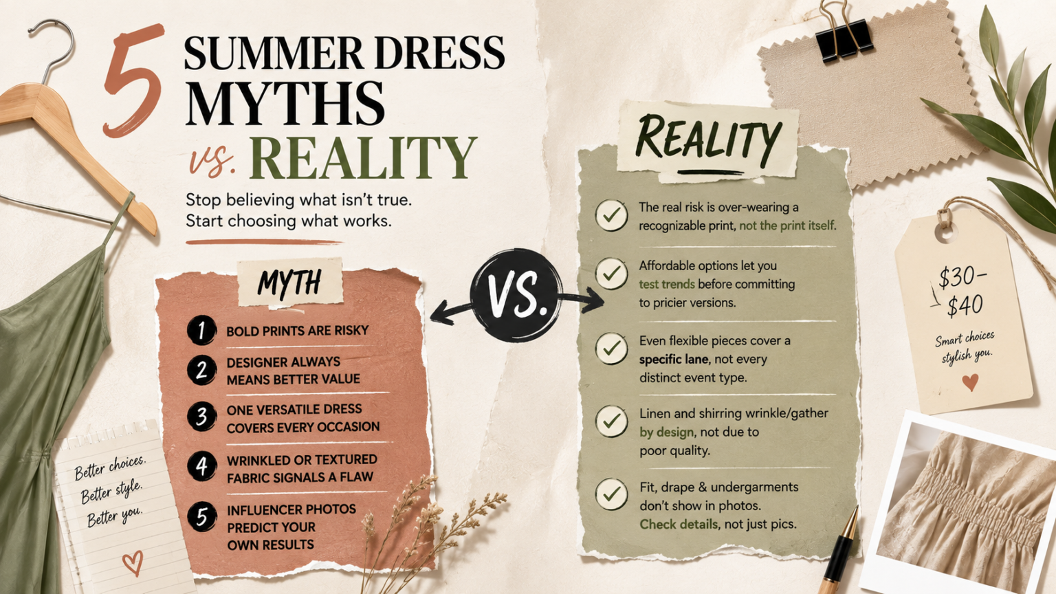 Illustration weighing common summer dress myths against the reality for 2026 - thelostpie