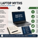Illustration weighing common work laptop buying myths against the reality - thelostpie