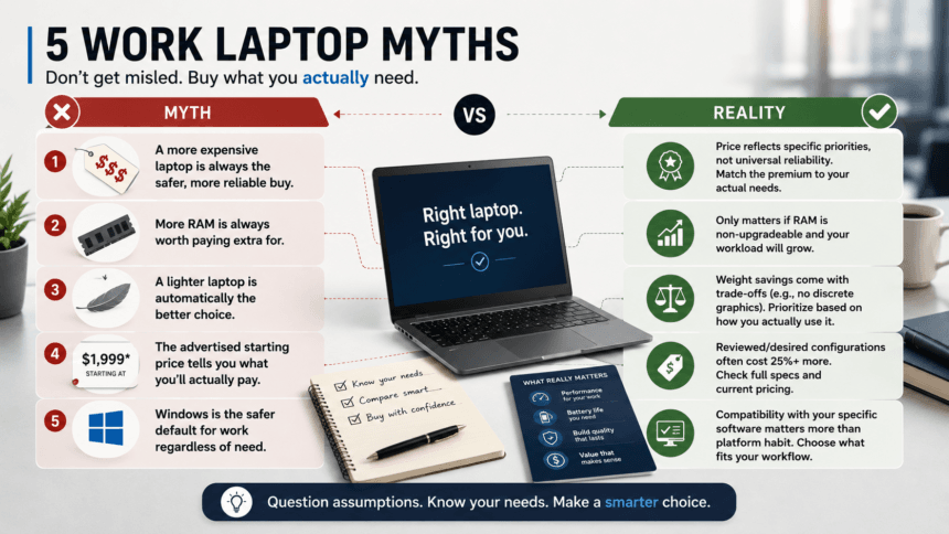 Illustration weighing common work laptop buying myths against the reality - thelostpie