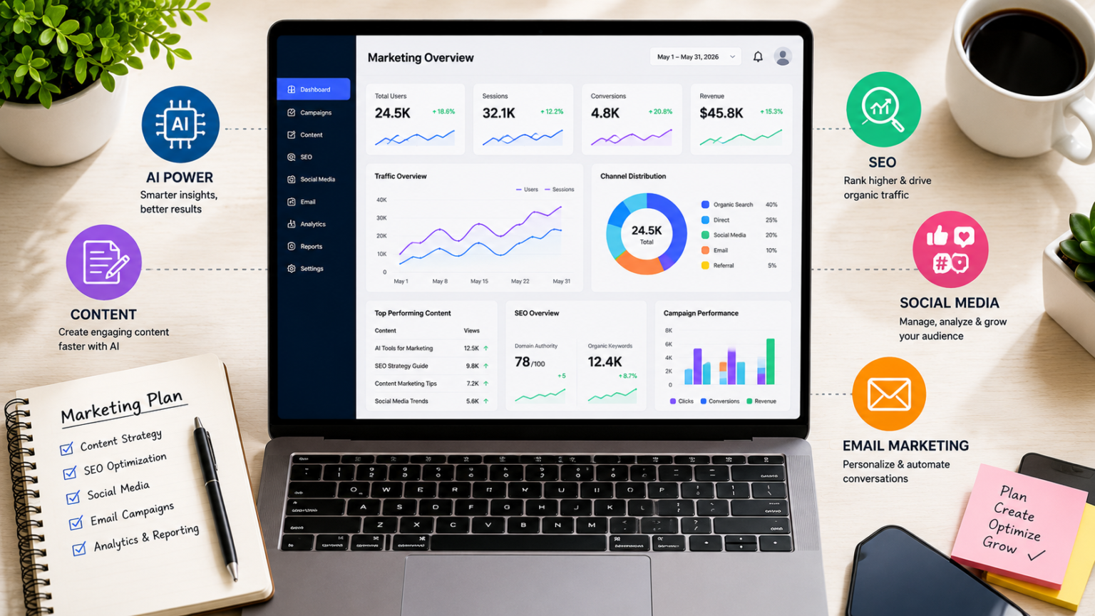 Laptop displaying AI marketing dashboards representing top AI tools for marketing - thelostpie