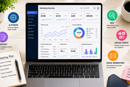 Laptop displaying AI marketing dashboards representing top AI tools for marketing - thelostpie