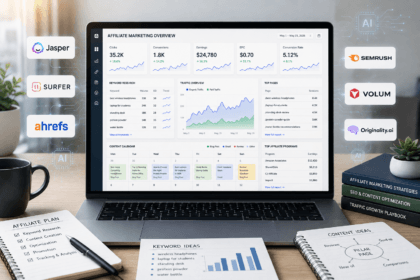 Laptop displaying affiliate marketing dashboards representing top AI tools for affiliate marketers - thelostpie