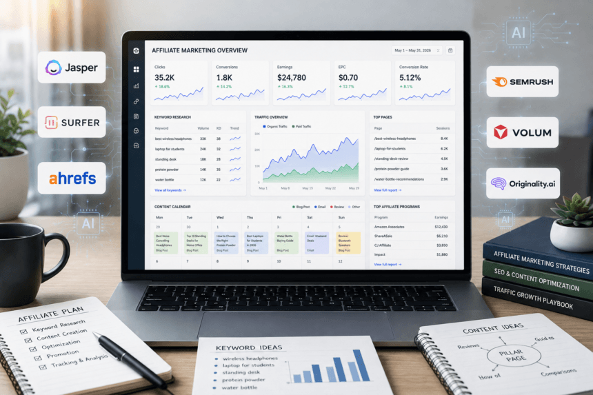 Laptop displaying affiliate marketing dashboards representing top AI tools for affiliate marketers - thelostpie