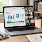 Laptop on a home office desk representing the best laptops for work and productivity - thelostpie