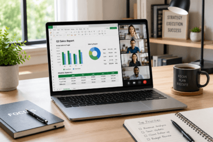 Laptop on a home office desk representing the best laptops for work and productivity - thelostpie