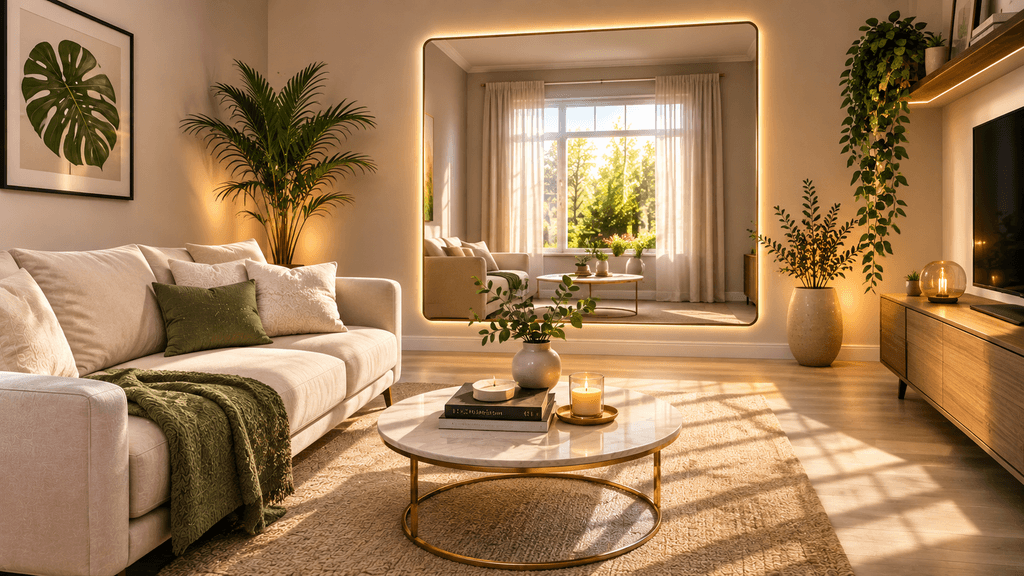 Large mirror opposite a window in a small living room, a proven trick for visually expanding small spaces - thelostpie