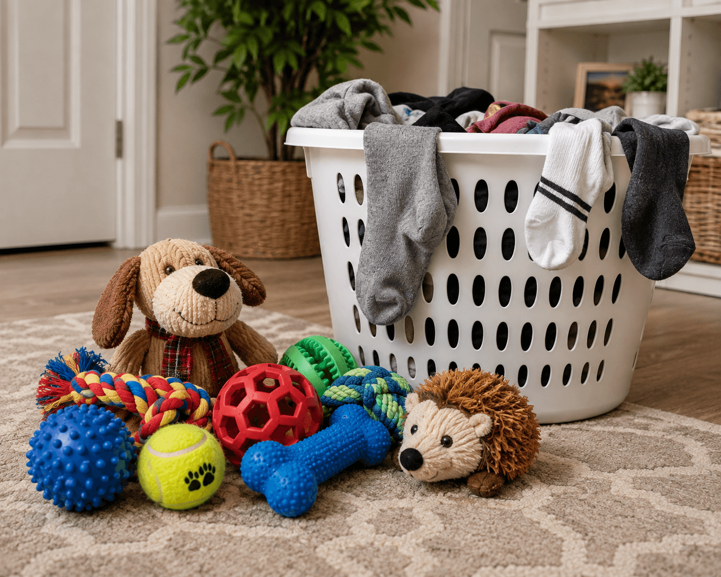 Laundry basket with socks near dog toys, illustrating why socks are commonly involved in pica - thelostpie