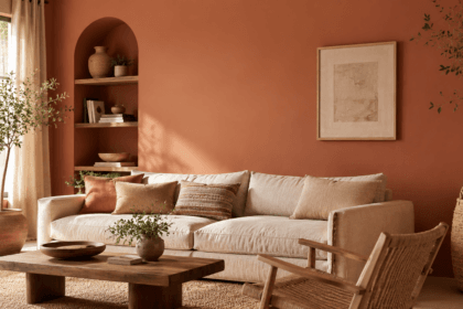 Living room featuring a warm terracotta and sand color palette, a leading 2026 decor trend - thelostpie