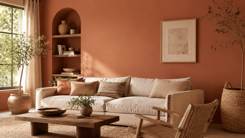 Living room featuring a warm terracotta and sand color palette, a leading 2026 decor trend - thelostpie