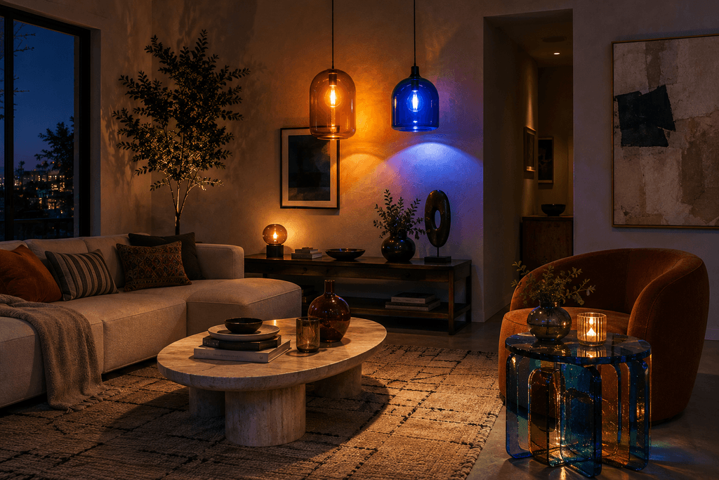 Living room featuring colorful glass lighting accents, a standout 2026 home decor trend - thelostpie
