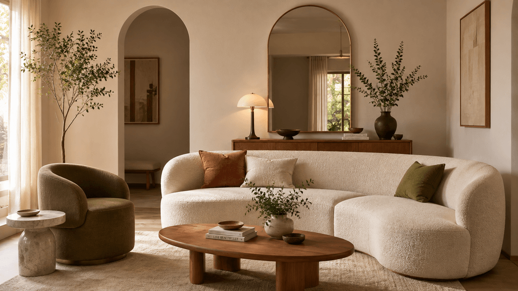 Living room featuring curved furniture silhouettes, a top living room design trend for 2026 - thelostpie