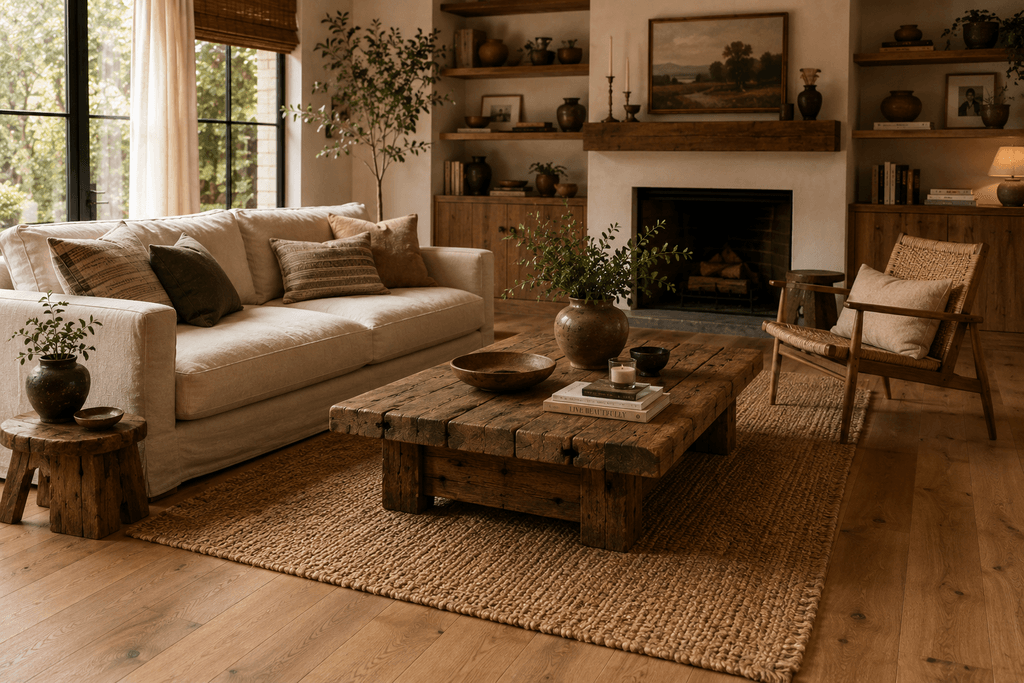 Living room featuring natural, tactile materials like reclaimed wood and linen, a defining 2026 decor trend - thelostpie