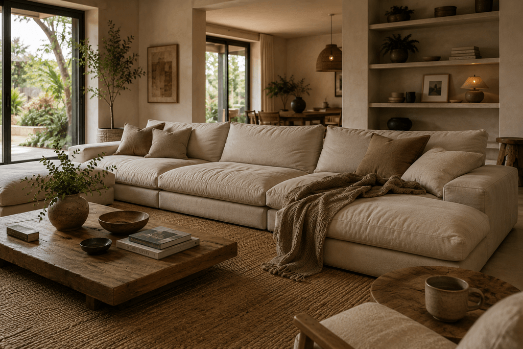 Low-profile, deep-seated sofa design, a comfort-focused 2026 living room trend - thelostpie