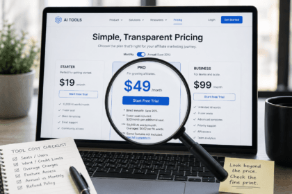 Magnifying glass revealing hidden costs behind AI affiliate marketing software pricing - thelostpie