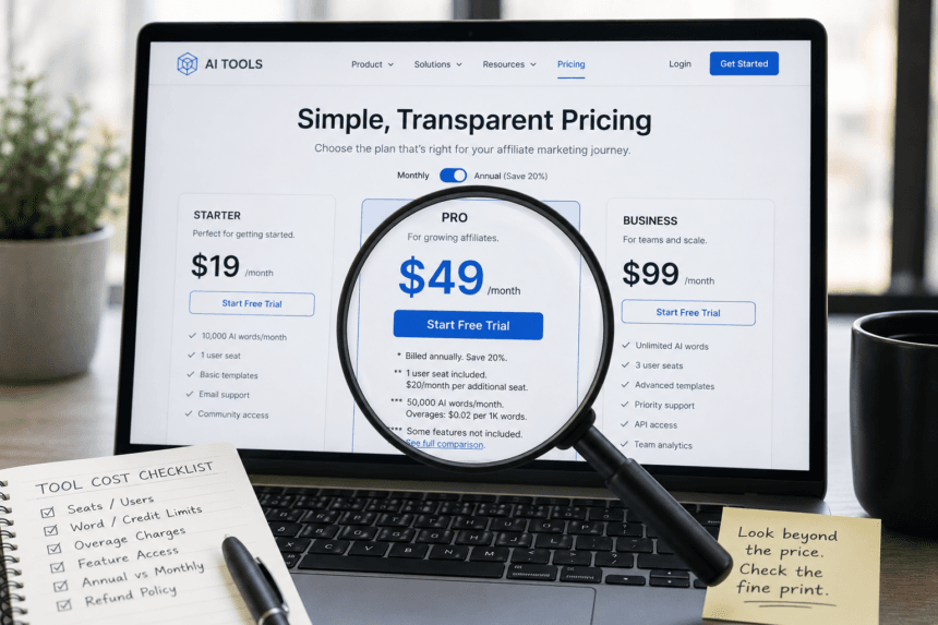 Magnifying glass revealing hidden costs behind AI affiliate marketing software pricing - thelostpie