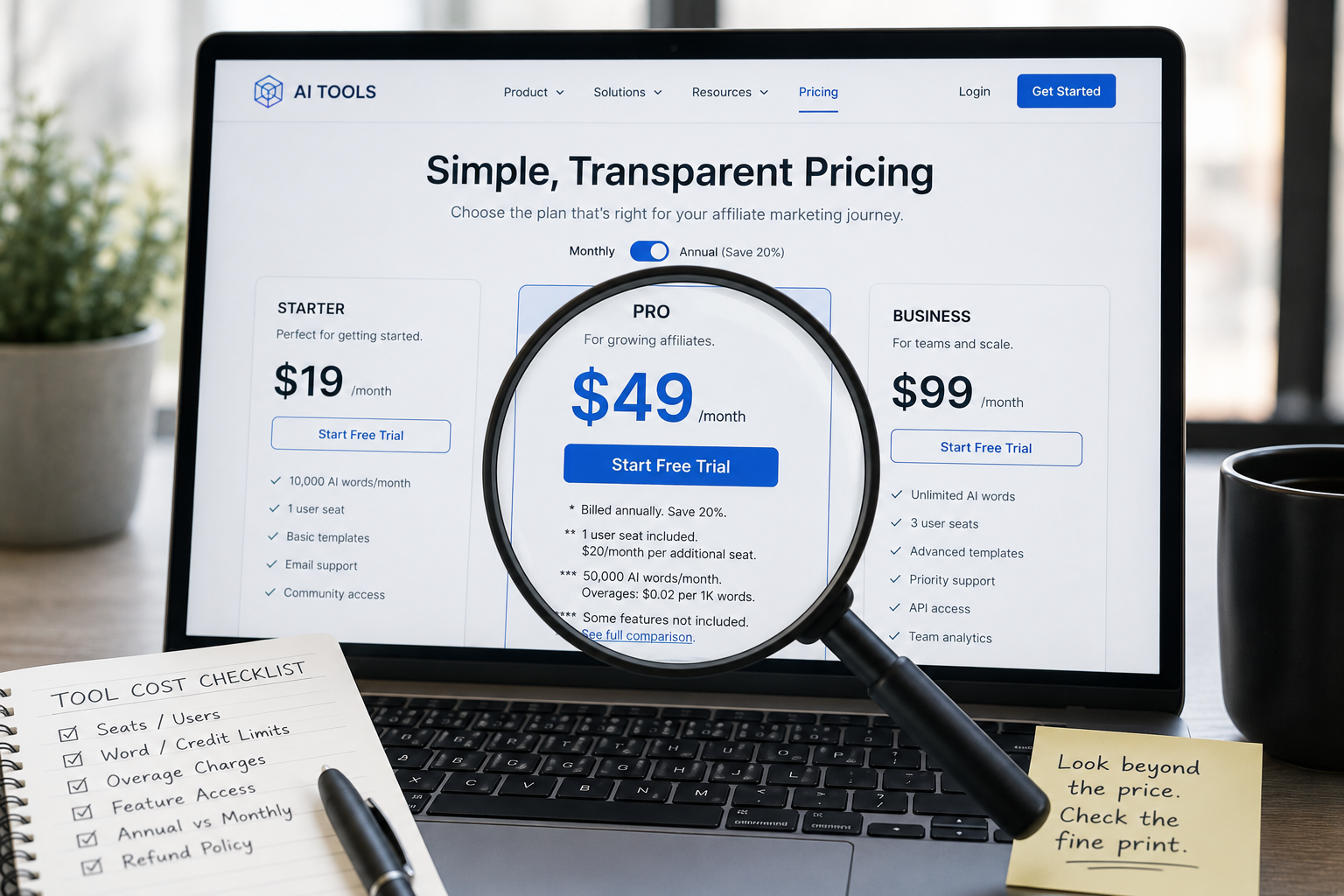 Magnifying glass revealing hidden costs behind AI affiliate marketing software pricing - thelostpie