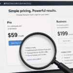 Magnifying glass revealing hidden costs behind AI marketing software pricing pages - thelostpie