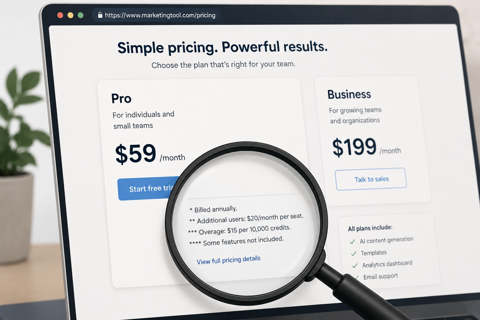 Magnifying glass revealing hidden costs behind AI marketing software pricing pages - thelostpie