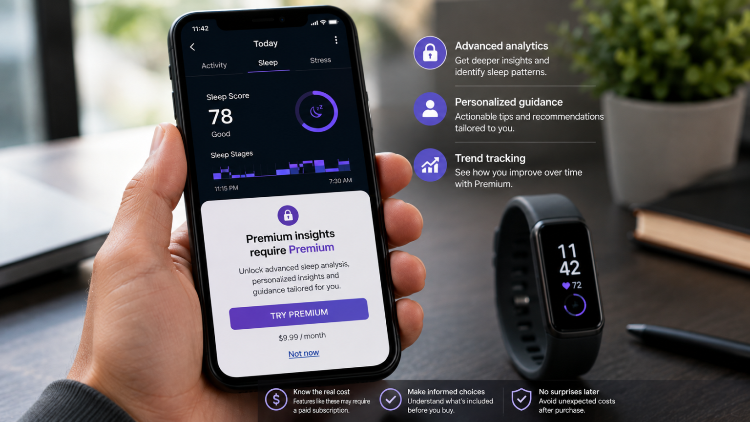 Magnifying glass revealing hidden subscription costs behind popular fitness trackers - thelostpie