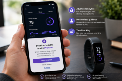 Magnifying glass revealing hidden subscription costs behind popular fitness trackers - thelostpie