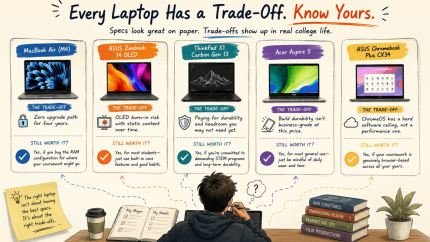 Magnifying glass revealing hidden trade-offs behind popular college laptop recommendations - thelostpie