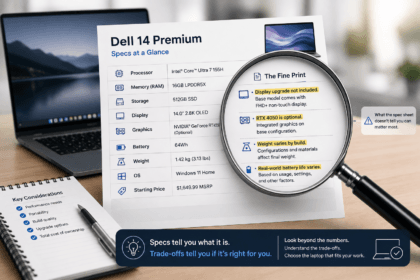 Magnifying glass revealing hidden trade-offs behind popular work laptop spec sheets - thelostpie