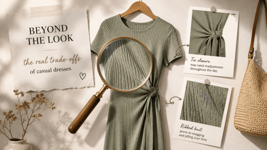 Magnifying glass revealing practical trade-offs behind popular 2026 casual dress trends - thelostpie