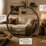 Magnifying glass revealing practical trade-offs behind popular 2026 living room decor trends-01 - thelostpie