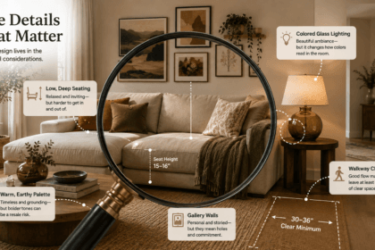 Magnifying glass revealing practical trade-offs behind popular 2026 living room decor trends-01 - thelostpie