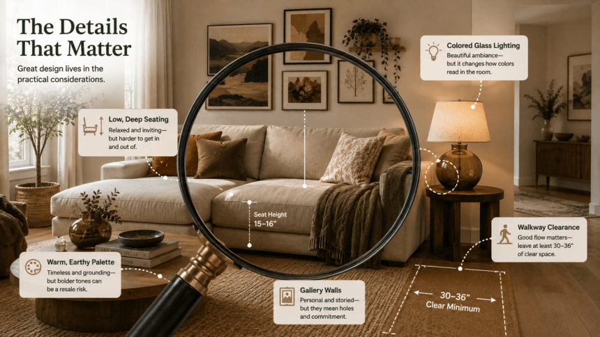 Magnifying glass revealing practical trade-offs behind popular 2026 living room decor trends-01 - thelostpie