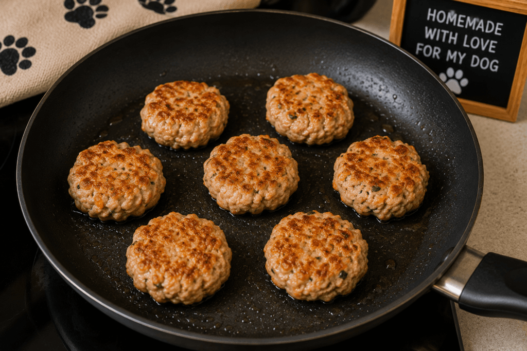 Mini turkey patties cooking in a pan for a homemade dog slider treat - thelostpie
