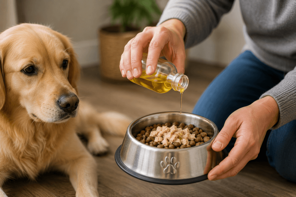 Mixing a supplement into a dogs food, illustrating the safer way to administer oil-based remedies if a vet recommends it - thelostpie