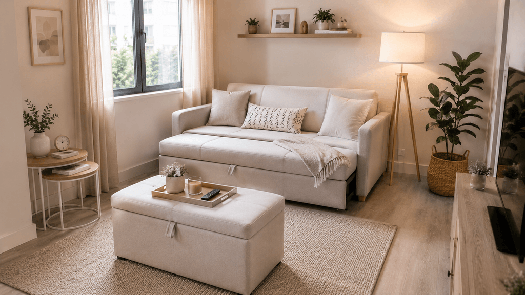 Multifunctional furniture including a storage ottoman and nesting tables in a small living room - thelostpie