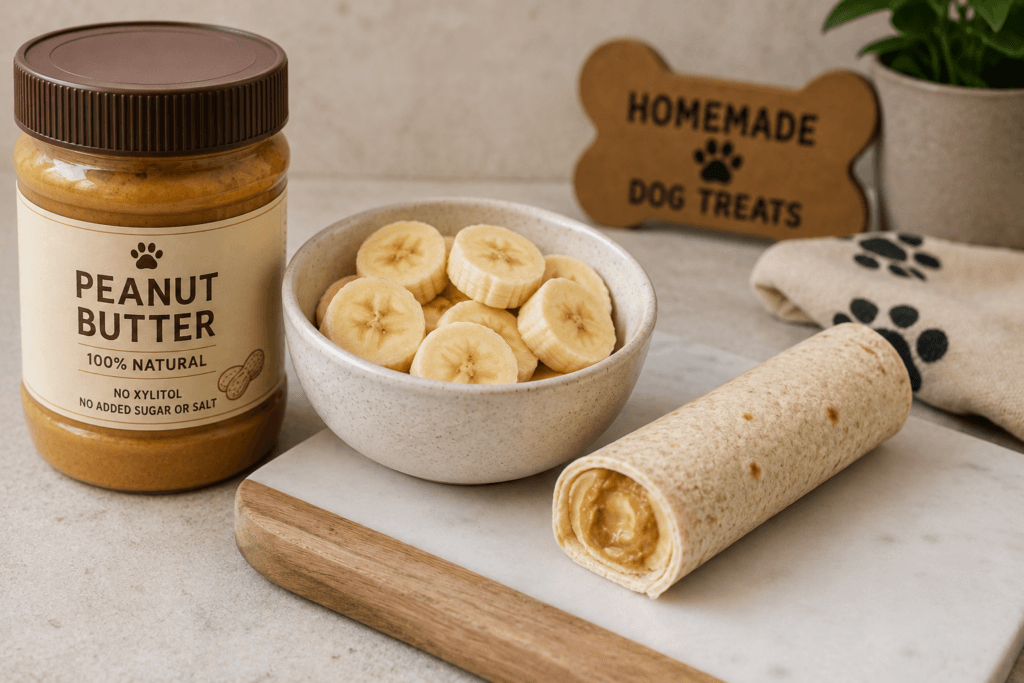 Peanut butter and banana slices, ingredients for a dog-friendly treat burrito-thelostpie
