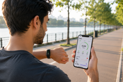 Person wearing a fitness tracker outdoors, representing the best fitness trackers for everyday - thelostpie
