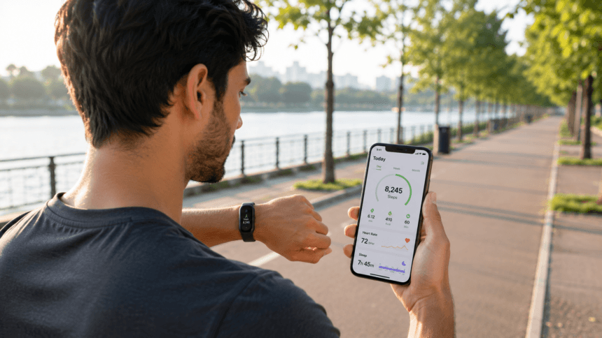 Person wearing a fitness tracker outdoors, representing the best fitness trackers for everyday - thelostpie