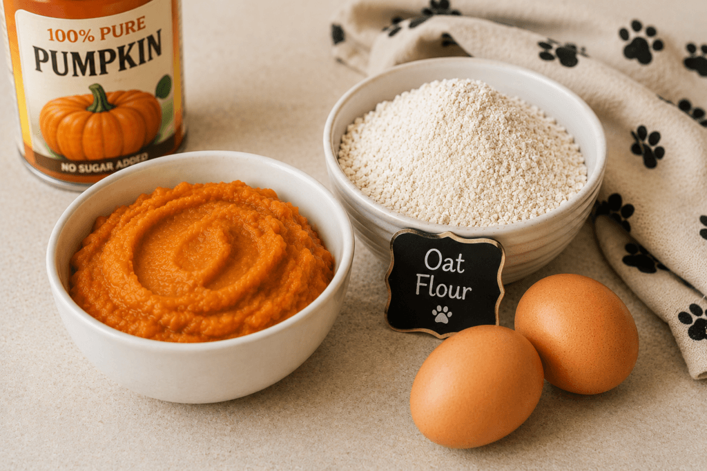 Pumpkin, oat flour, and eggs used to make a dog-safe pumpkin cake - thelostpie
