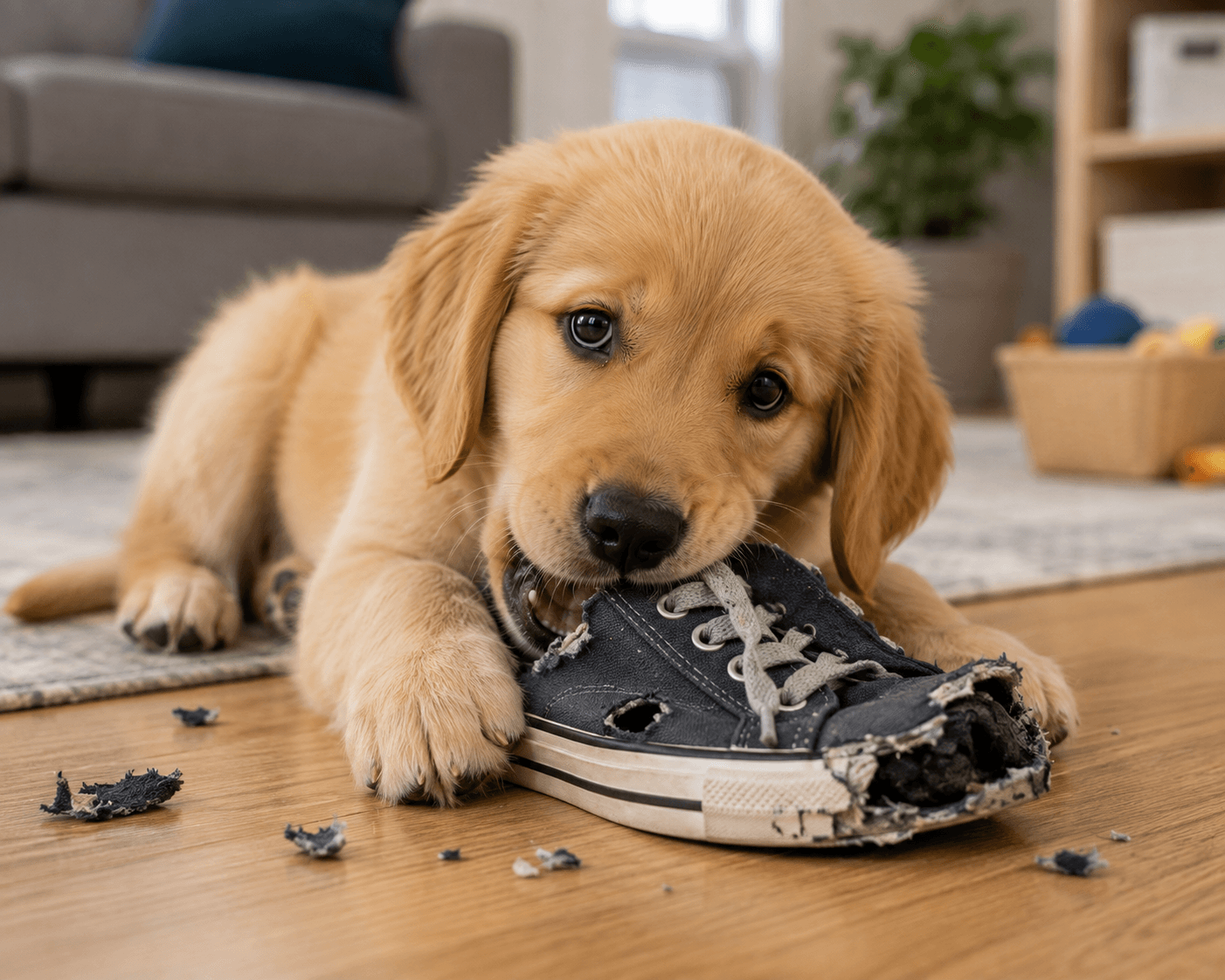 Puppy chewing on a shoe, illustrating normal exploratory behavior that can sometimes shift into pica - thelostpie