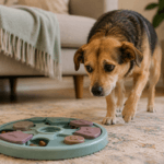 Shy dog cautiously investigating a treat puzzle, an example of low-pressure confidence building-thelostpie