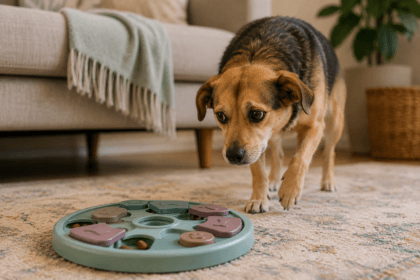 Shy dog cautiously investigating a treat puzzle, an example of low-pressure confidence building-thelostpie