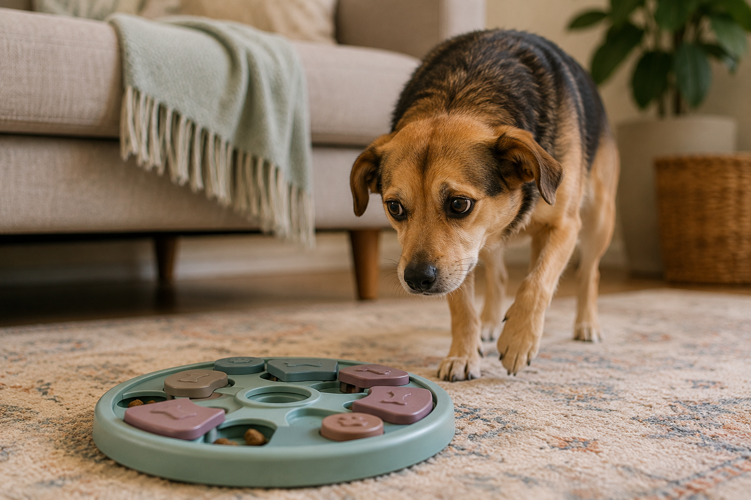 Shy dog cautiously investigating a treat puzzle, an example of low-pressure confidence building-thelostpie