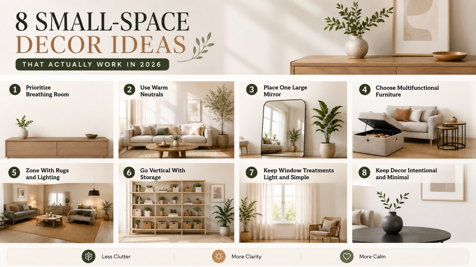 Small apartment living room decorated with light tones and open space, a 2026 small-space decor approach - thelostpie