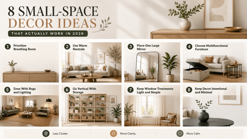 Small apartment living room decorated with light tones and open space, a 2026 small-space decor approach - thelostpie