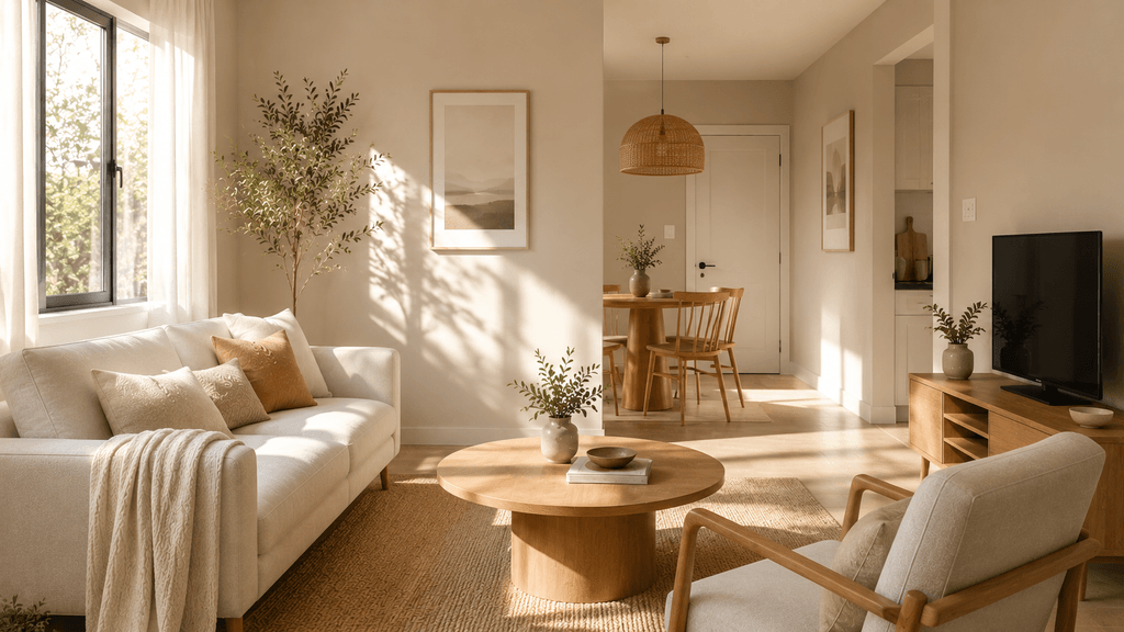 Small apartment living room in warm neutral tones, a recommended 2026 color palette for small spaces - thelostpie